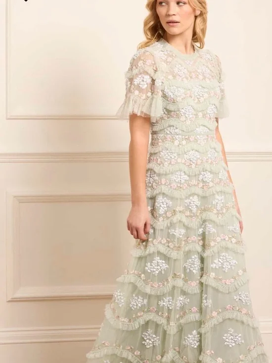 Needle & Thread Pale Green Embroidered Maxi Dress - Daisy Wave Ankle Gown - Picture 1 of 9
